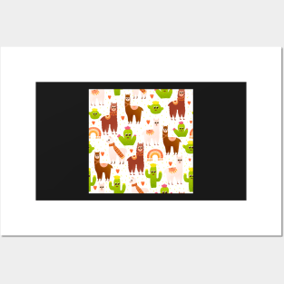 Alpaca and cactus seamless pattern Posters and Art